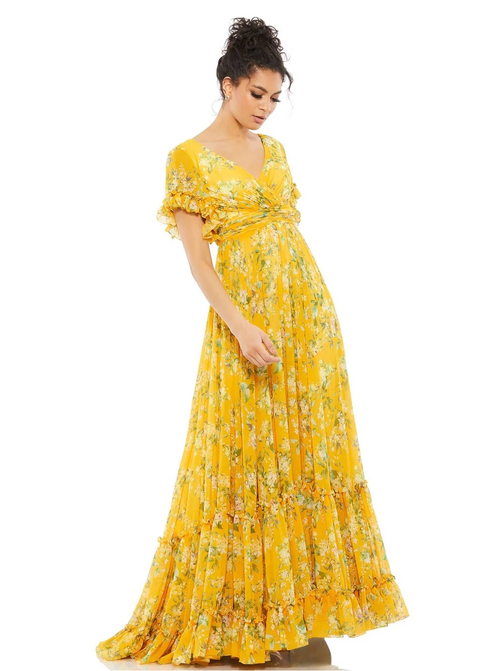 Mac Duggal Yellow Multicolor Flounce Sleeve Floral Maxi Dress 12 - Picture 7 of 9